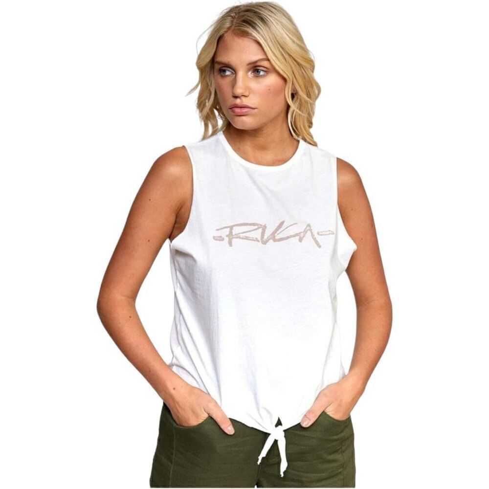 NWT Womens RVCA Vintage White Chalk Script Logo Tie Front Tank Top - Sz S